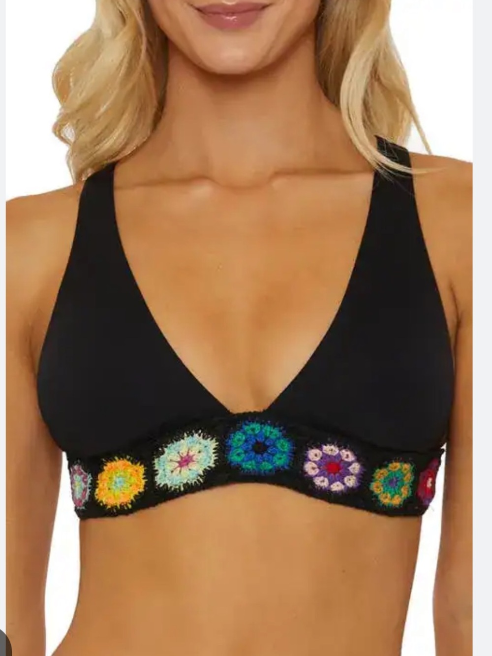 Black Crochet-Trim Bikini  Top with Multicolor Sunburst Accents